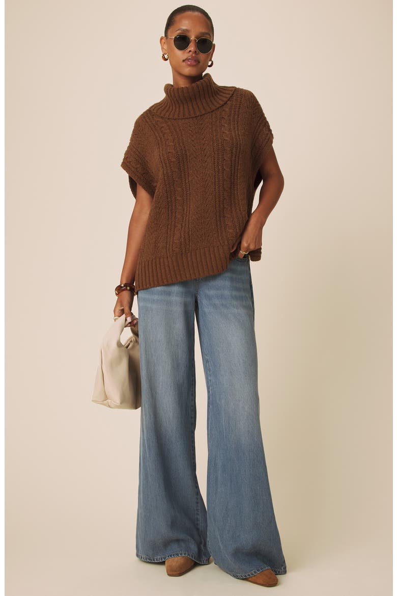 Rosalina Cable Stitch Short Sleeve Turtleneck Sweater, Alternate, color, DARK SADDLE BROWN