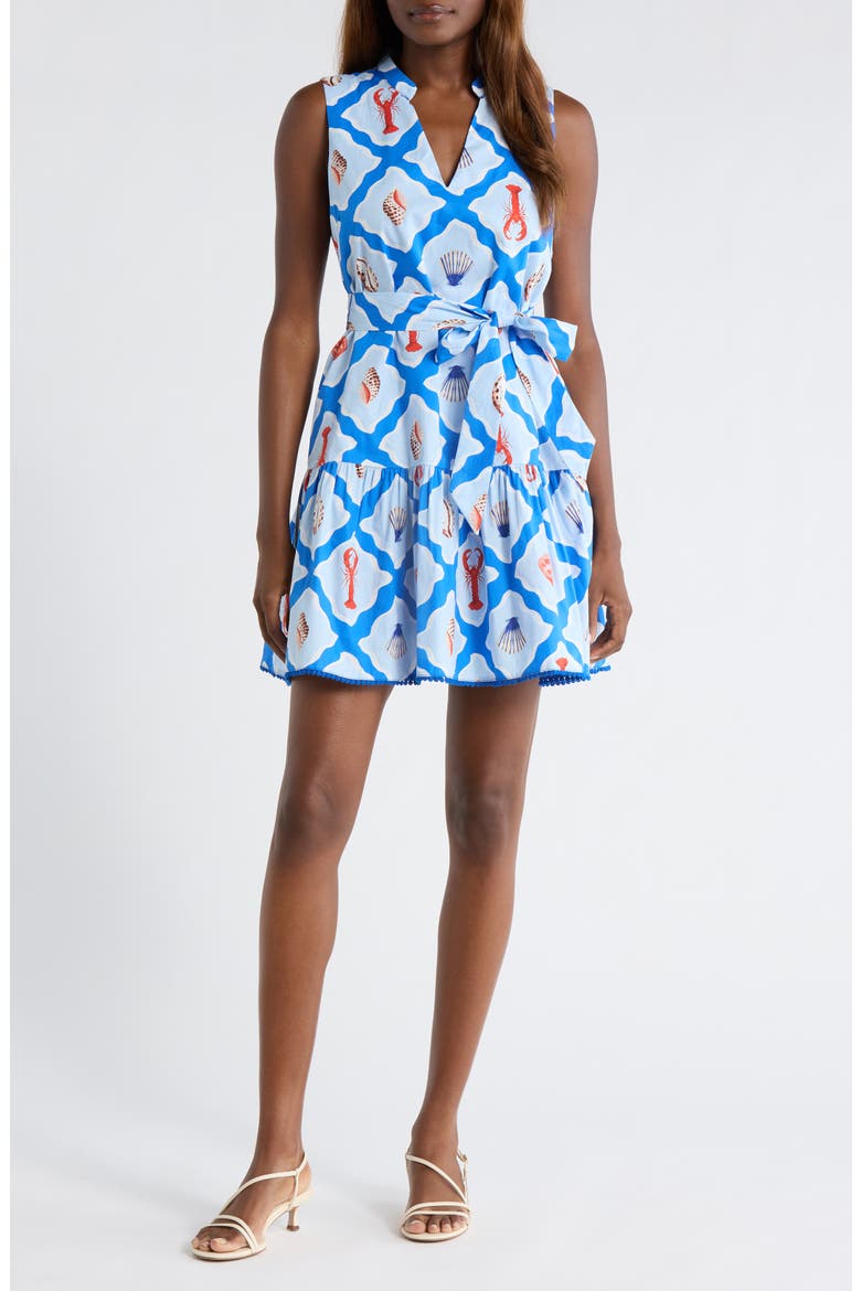 Lobster Bay Vilman Tie Waist Sleeveless Minidress, Main, color, WHITE BLUE-MULTI