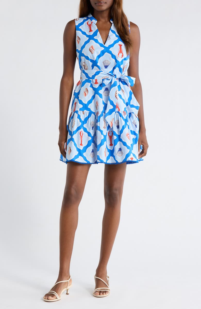 SUGARLIPS Lobster Bay Vilman Tie Waist Sleeveless Minidress, Main, color, White Blue-Multi