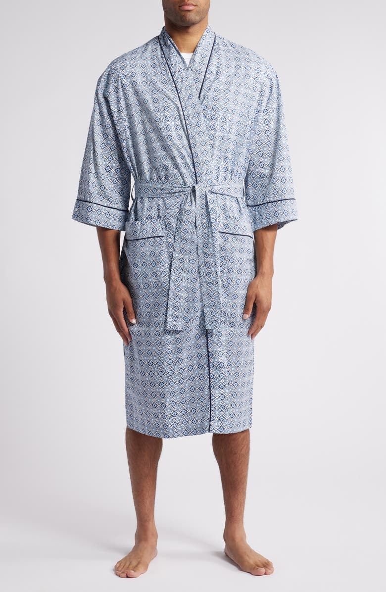 Majestic International Grecian Print Woven Robe, Main, color, Jewel Blue