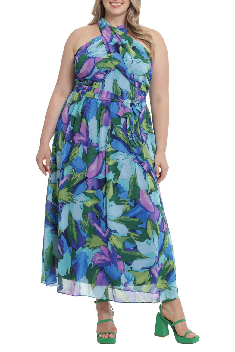 Halter Neck Maxi Dress, Main, color, AQUA/ ROYAL
