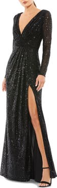 Ieena for Mac Duggal Sequined Long Sleeve High Slit Gown