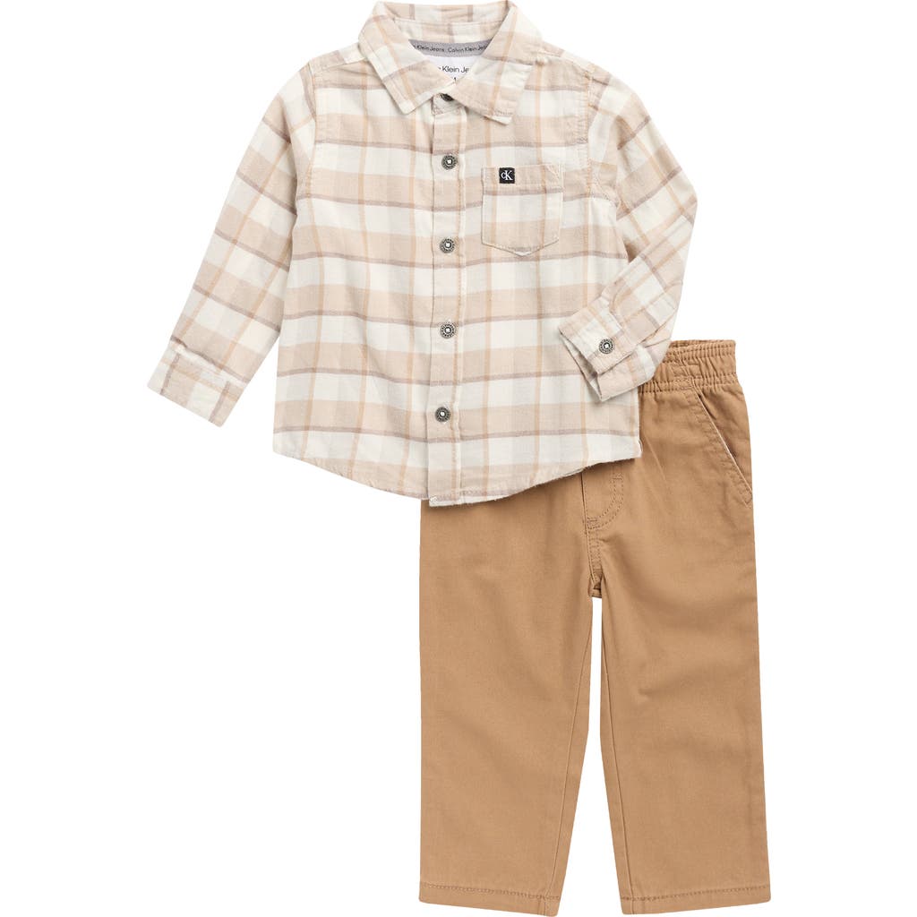 Calvin Klein Plaid Button-up & Pants Set In Brown