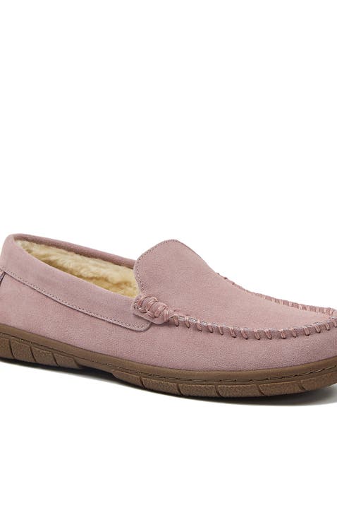 Fuzzy Lined Suede Moccasin Slippers