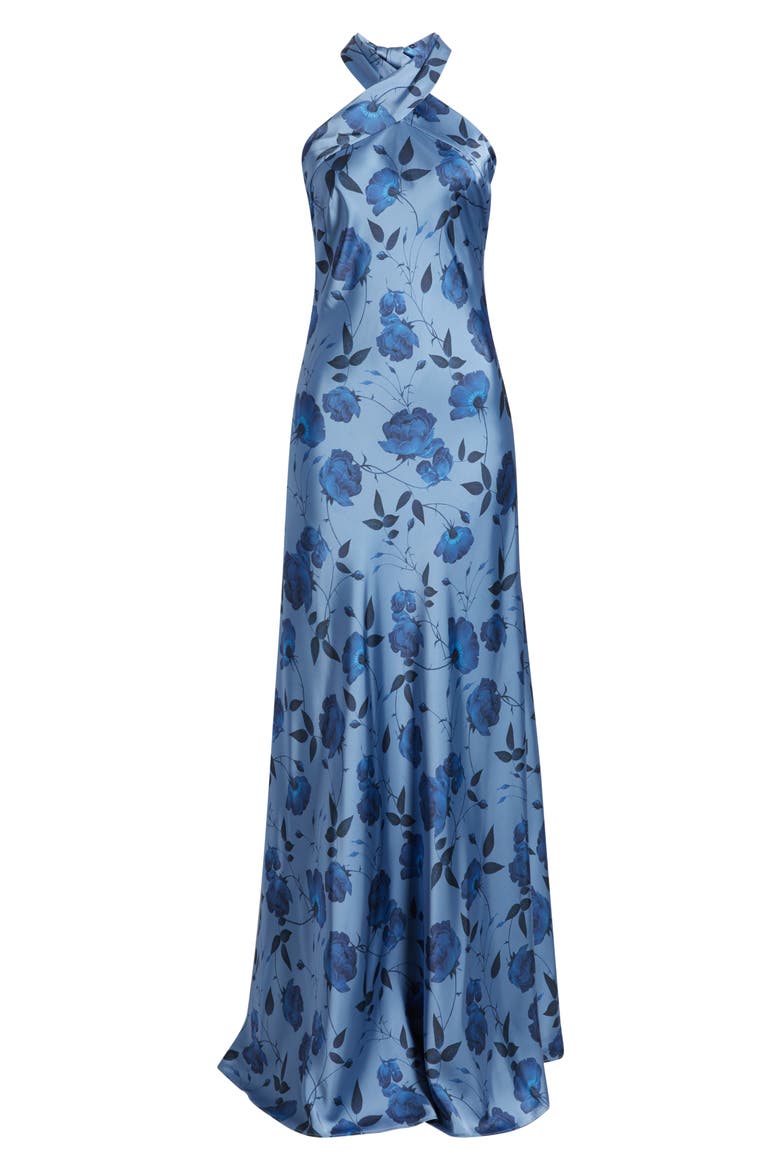 Laurant Floral Sleeveless Satin Crepe Gown, Alternate, color, WILD STEEL ROSES