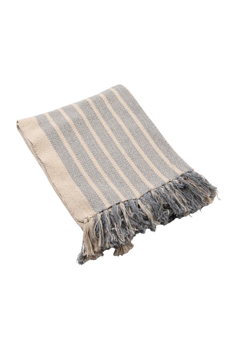 Woven Cotton Blend Throw with Stripes and Fringe, Blue and Natural, Main, color, Blue