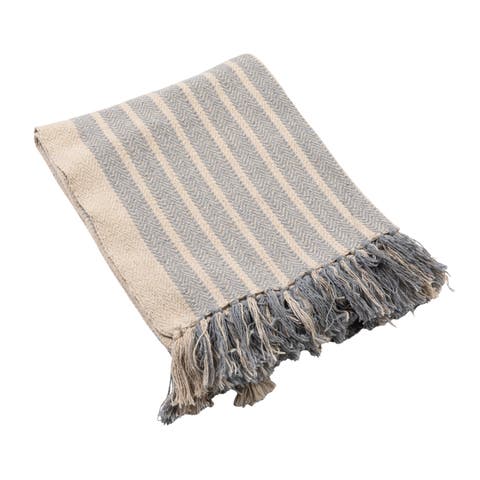 Woven Cotton Blend Throw with Stripes and Fringe, Blue and Natural