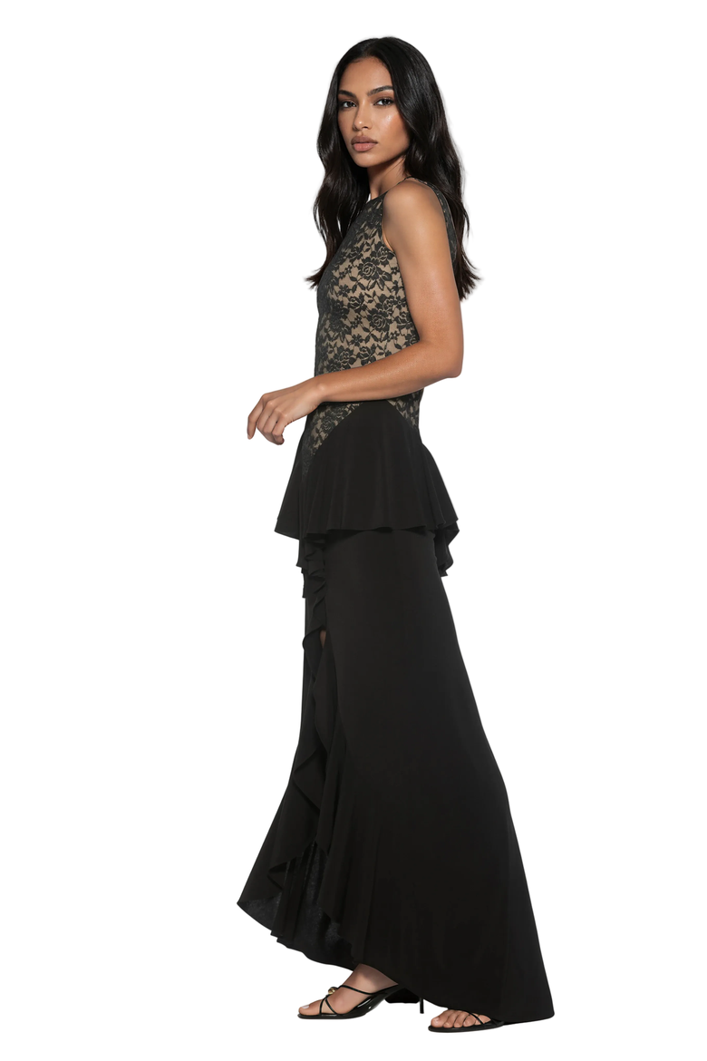Perrin Boatneck Ruffle Gown, Alternate, color, Black