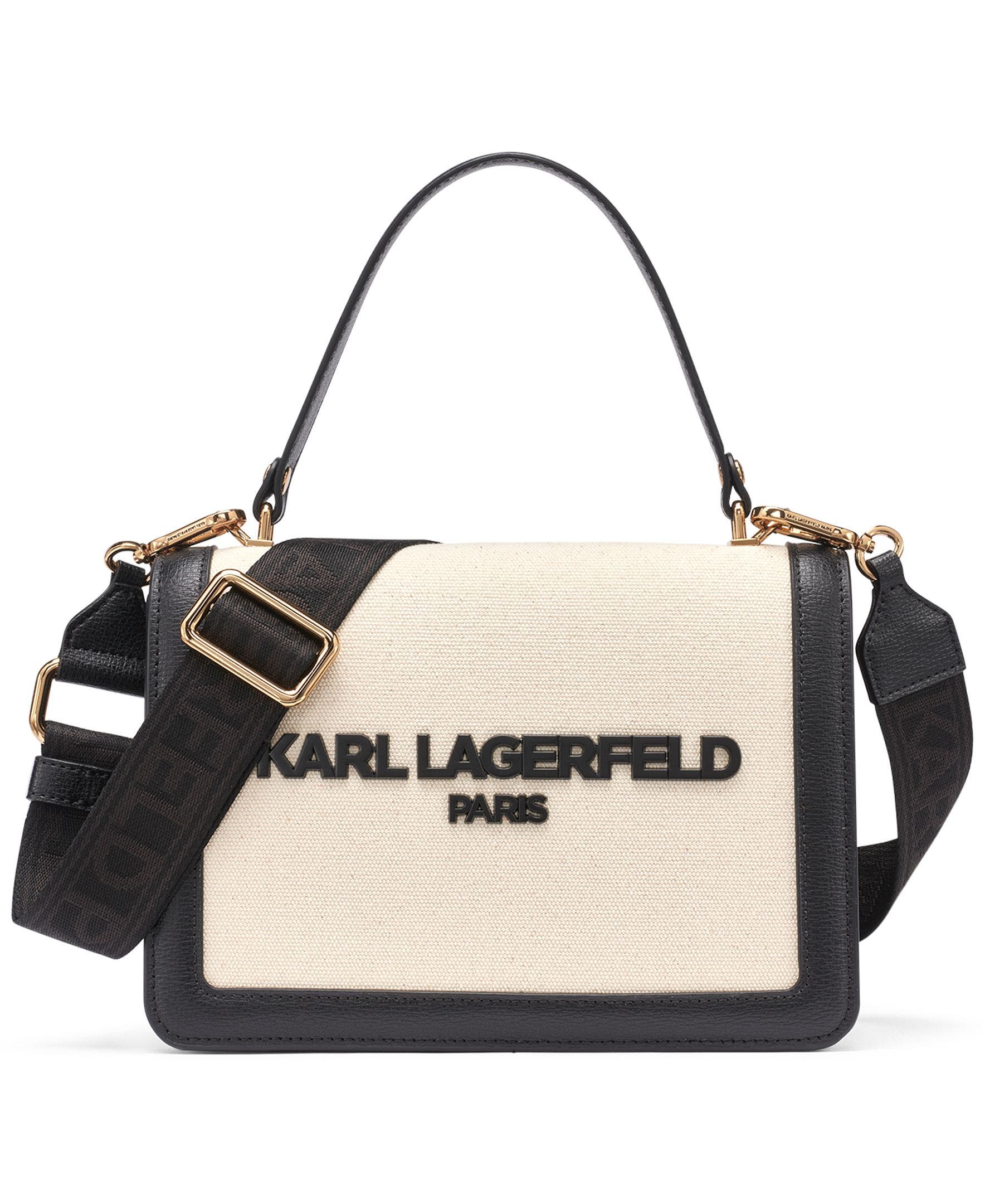 KARL LAGERFELD PARIS Simone Canvas Satchel, Main, color, Natural/Black