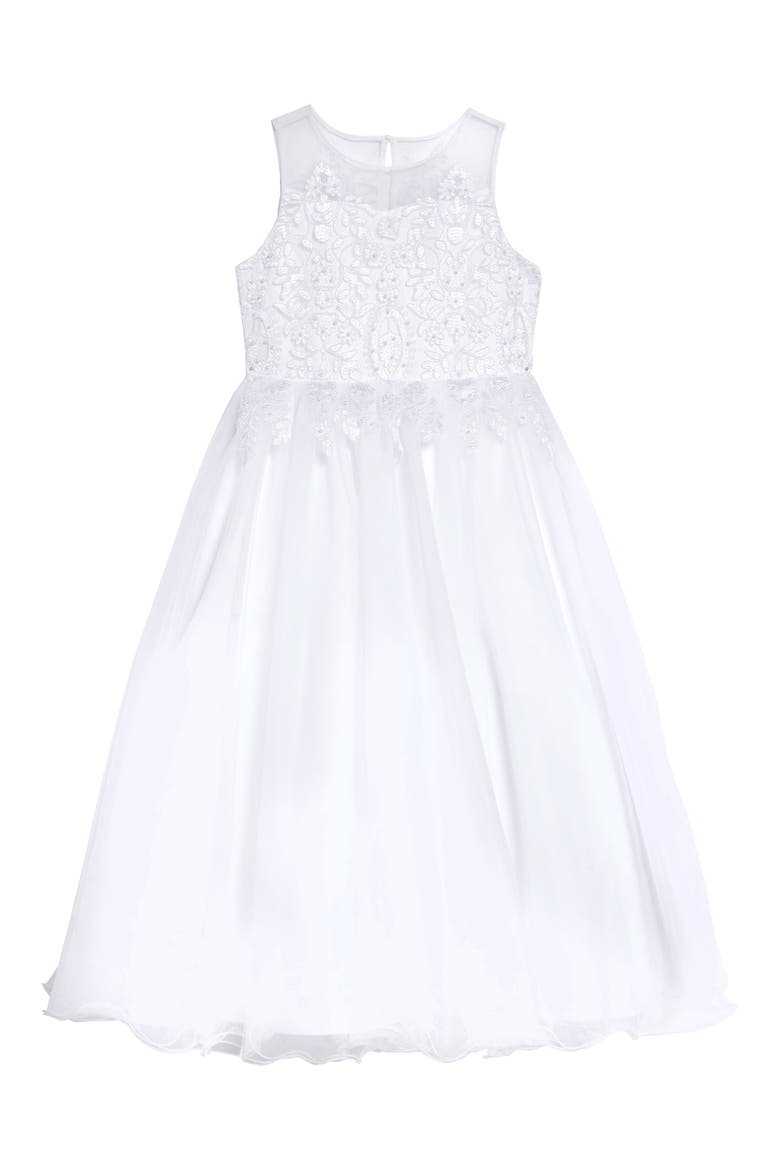Embroidered Bodice Tulle Communion Dress, Main, color, WHITE