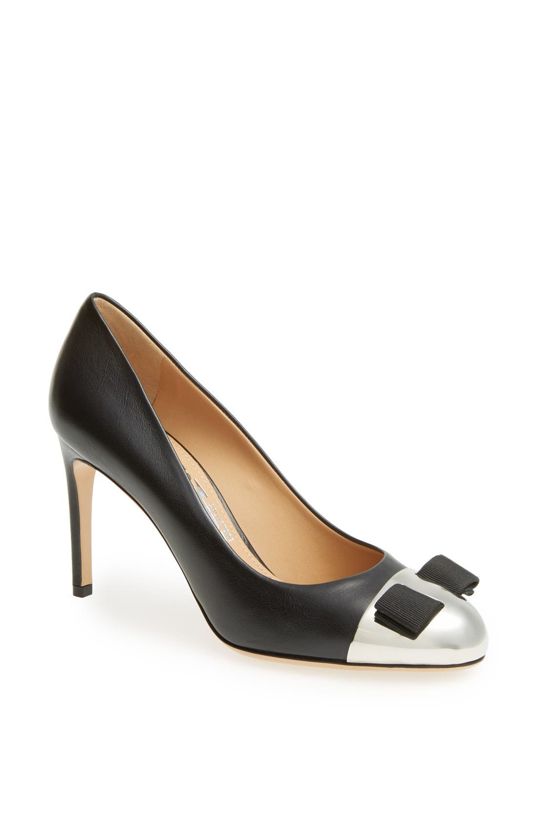 Salvatore Ferragamo 'H102 Nina' Metal Cap Toe Pump, Main, color, NERO