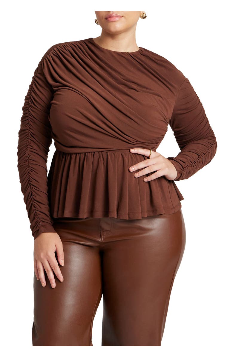 ELOQUII Shirred Peplum Top, Main, color, Potting Soil