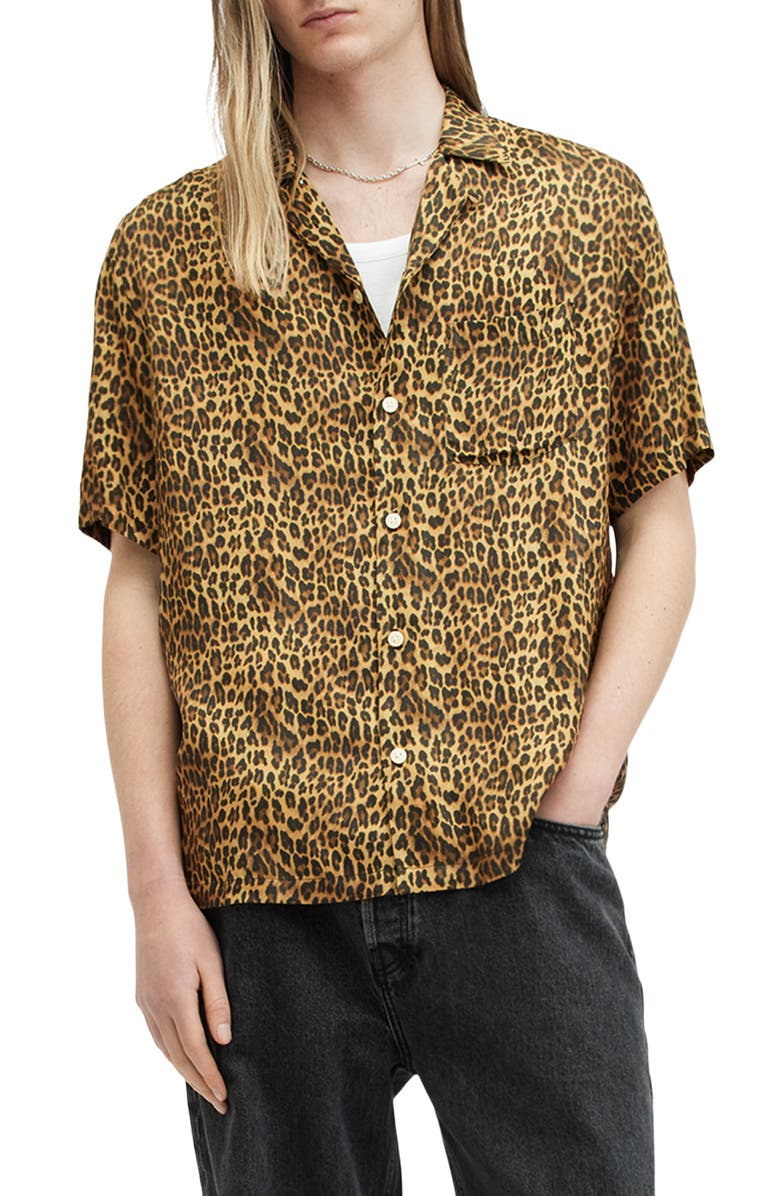 AllSaints Carcle Oversize Leopard Print Camp Shirt, Main, color, 