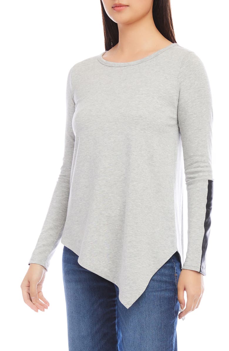 Karen Kane Faux Leather Trim Long Sleeve Asymmetric Top, Alternate, color, Heather