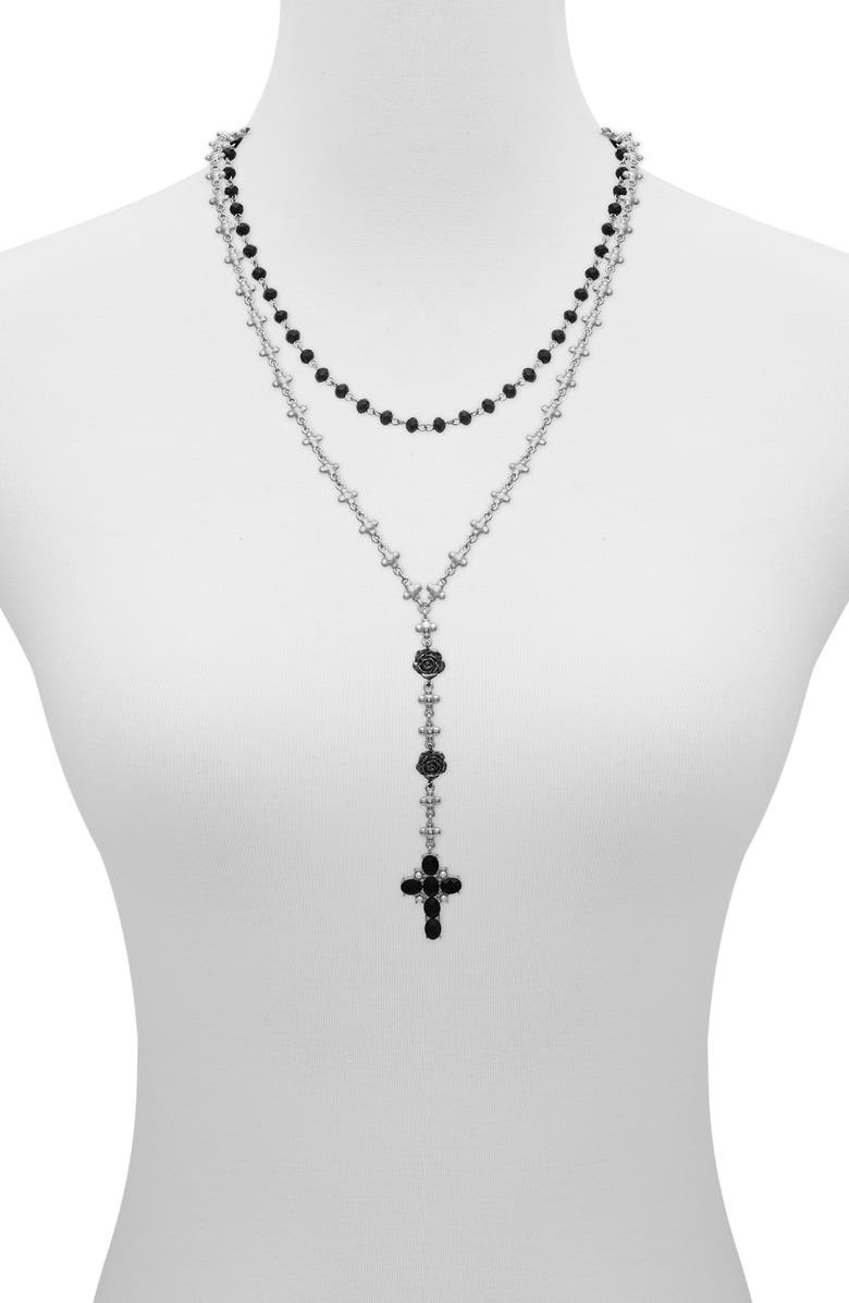GUESS Crystal Cross Charm Layered Necklace, Alternate, color, Silver Tone