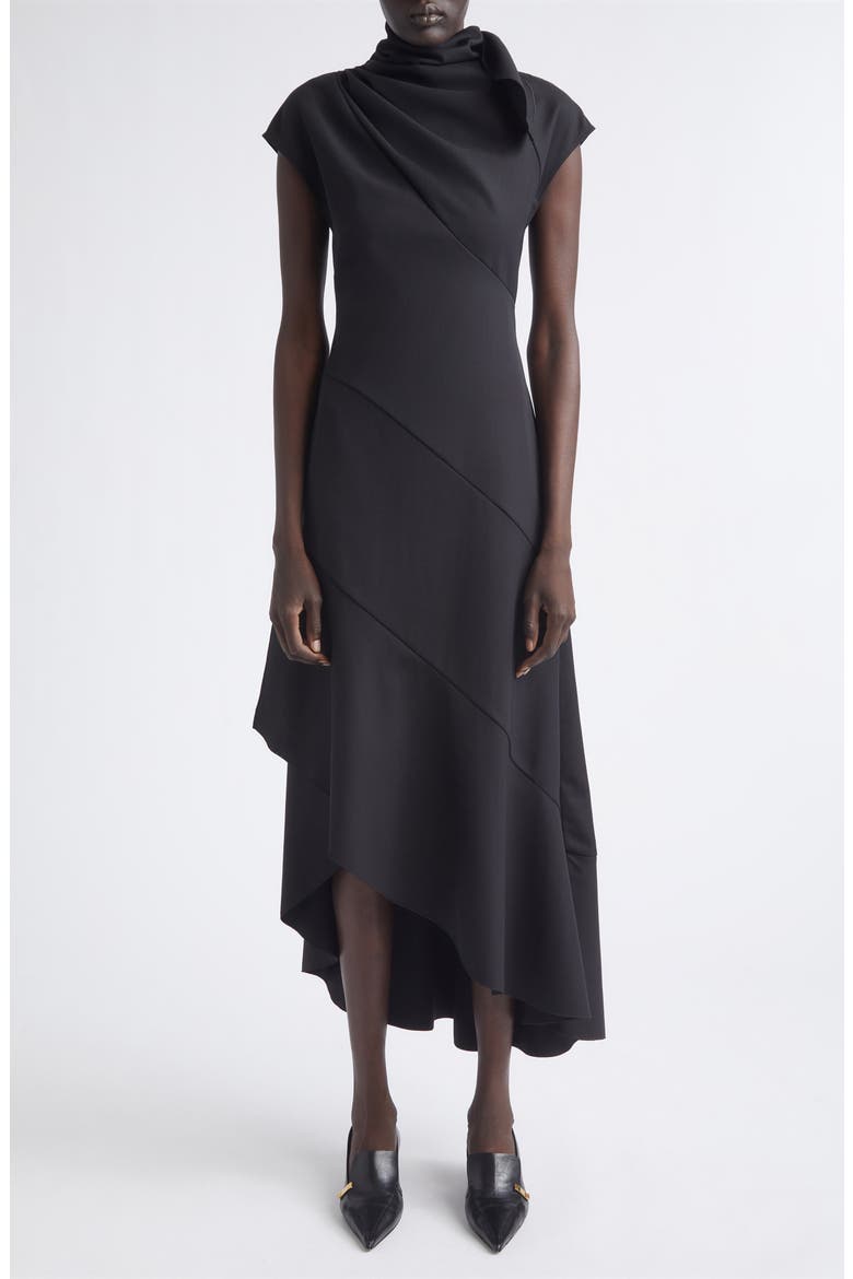 Elodine Asymmetric Tropical Wool Blend Dress, Alternate, color, BLACK