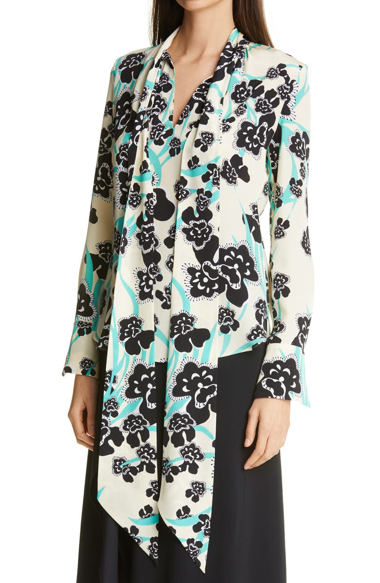 St. John Collection Floral Print Tie Neck Silk Blouse, Alternate, color, 