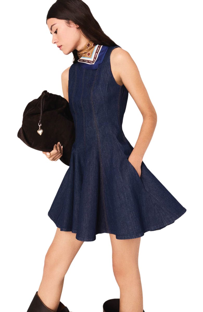 maje Mini denim dress with ruffles, Alternate, color, Navy