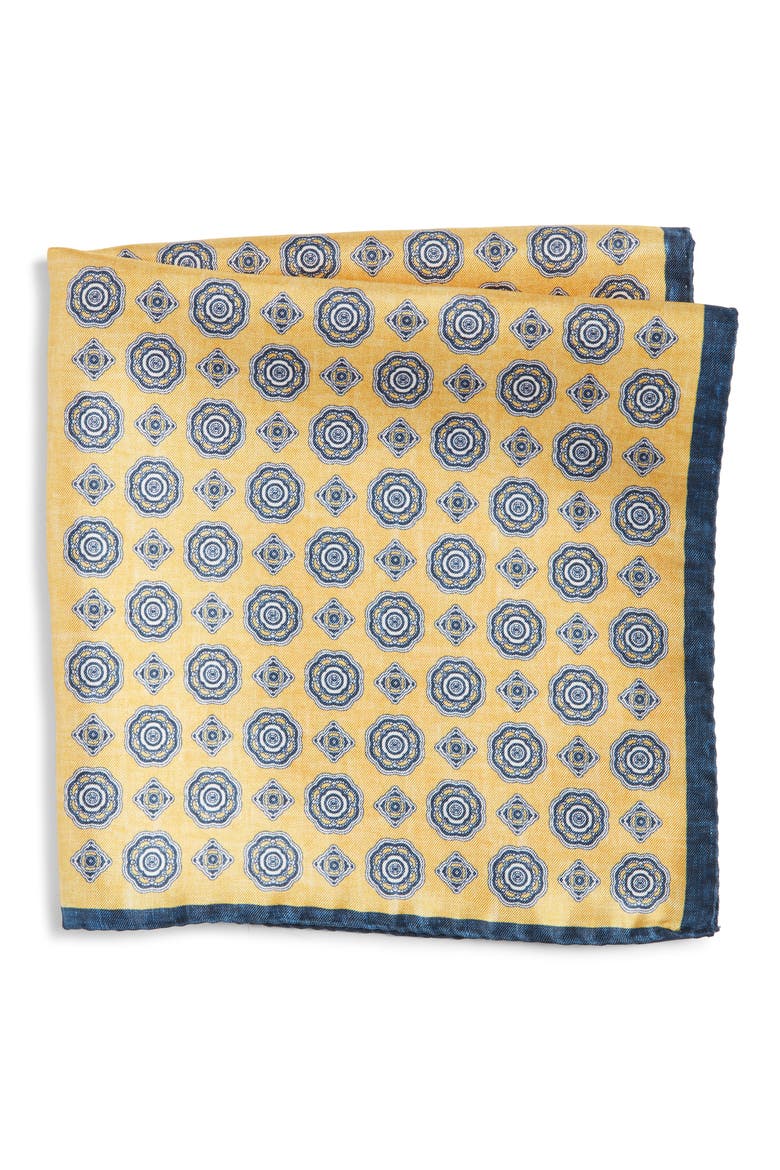Medallion Reversible Silk Pocket Square, Main, color, YELLOW
