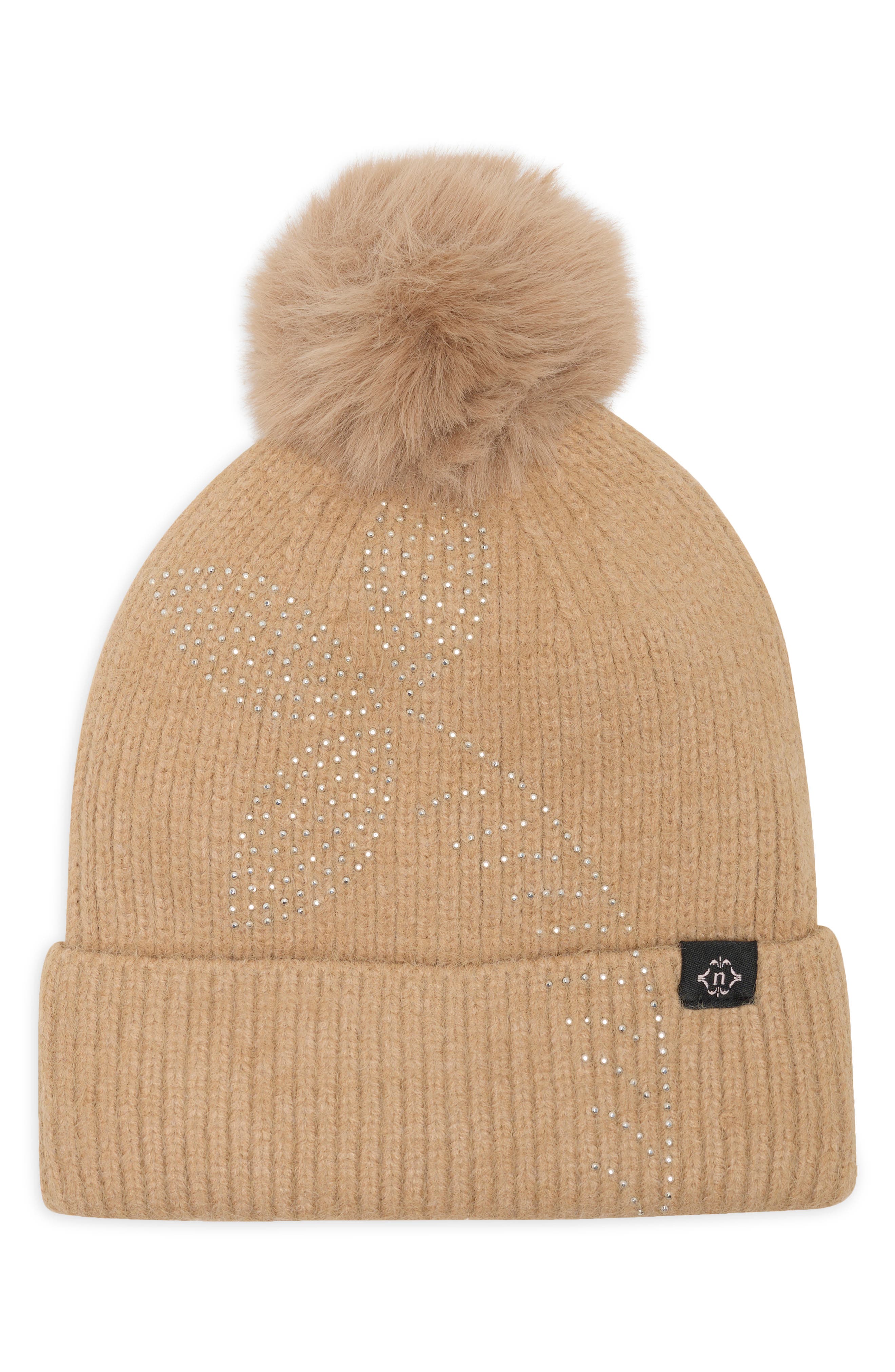 Rhinestone Floral Faux Fur Pom Beanie