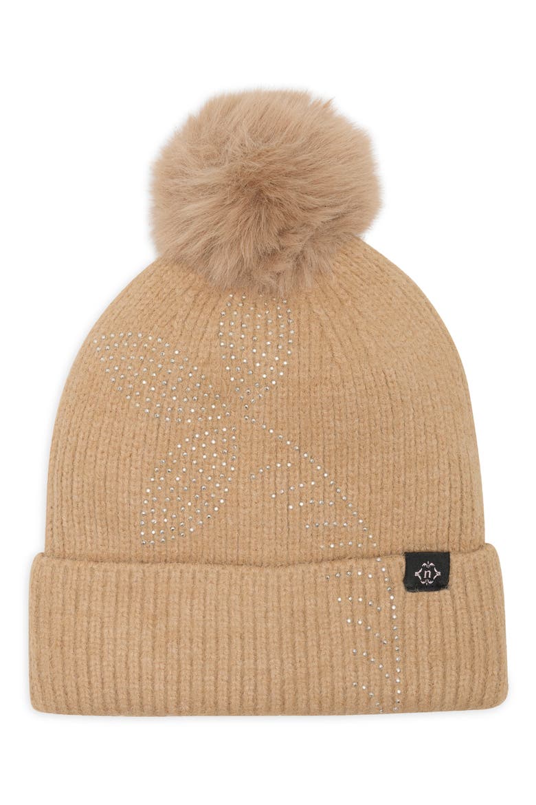 Rhinestone Floral Faux Fur Pom Beanie, Main, color, TAUPE