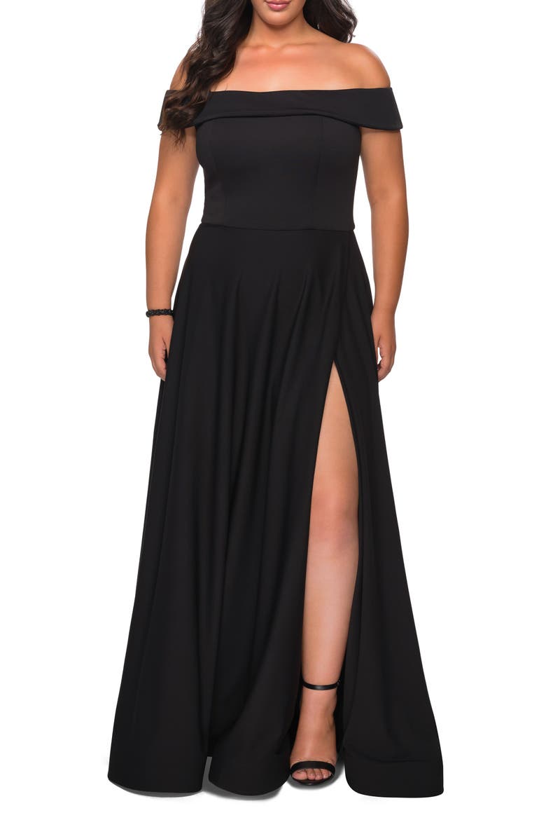 Off The Shoulder Plus Size Dress with Leg Slit, Main, color, Black