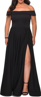 La Femme Off The Shoulder Plus Size Dress with Leg Slit
