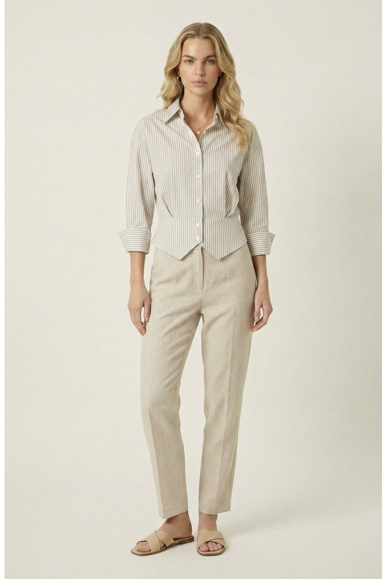 Striped Button Down Tailored Waist Shirt, Alternate, color, Beige / White Stripe