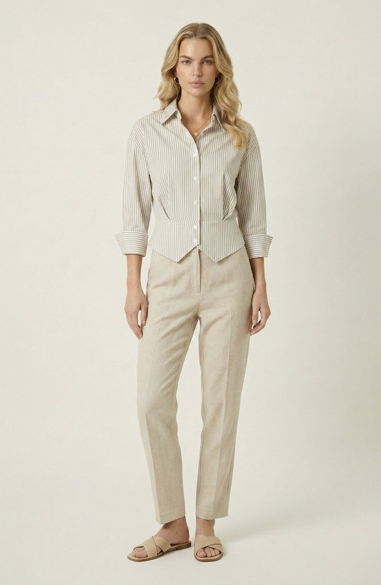 Modenaire Striped Button Down Tailored Waist Shirt, Alternate, color, Beige / White Stripe