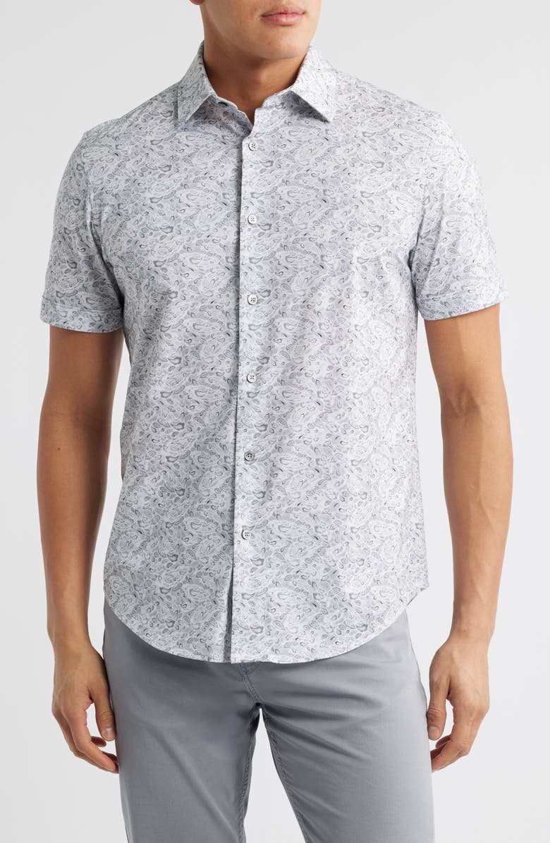 Bugatchi Miles OoohCotton<sup>®</sup> Abstract Print Short Sleeve Button-Up Shirt, Main, color, Platinum