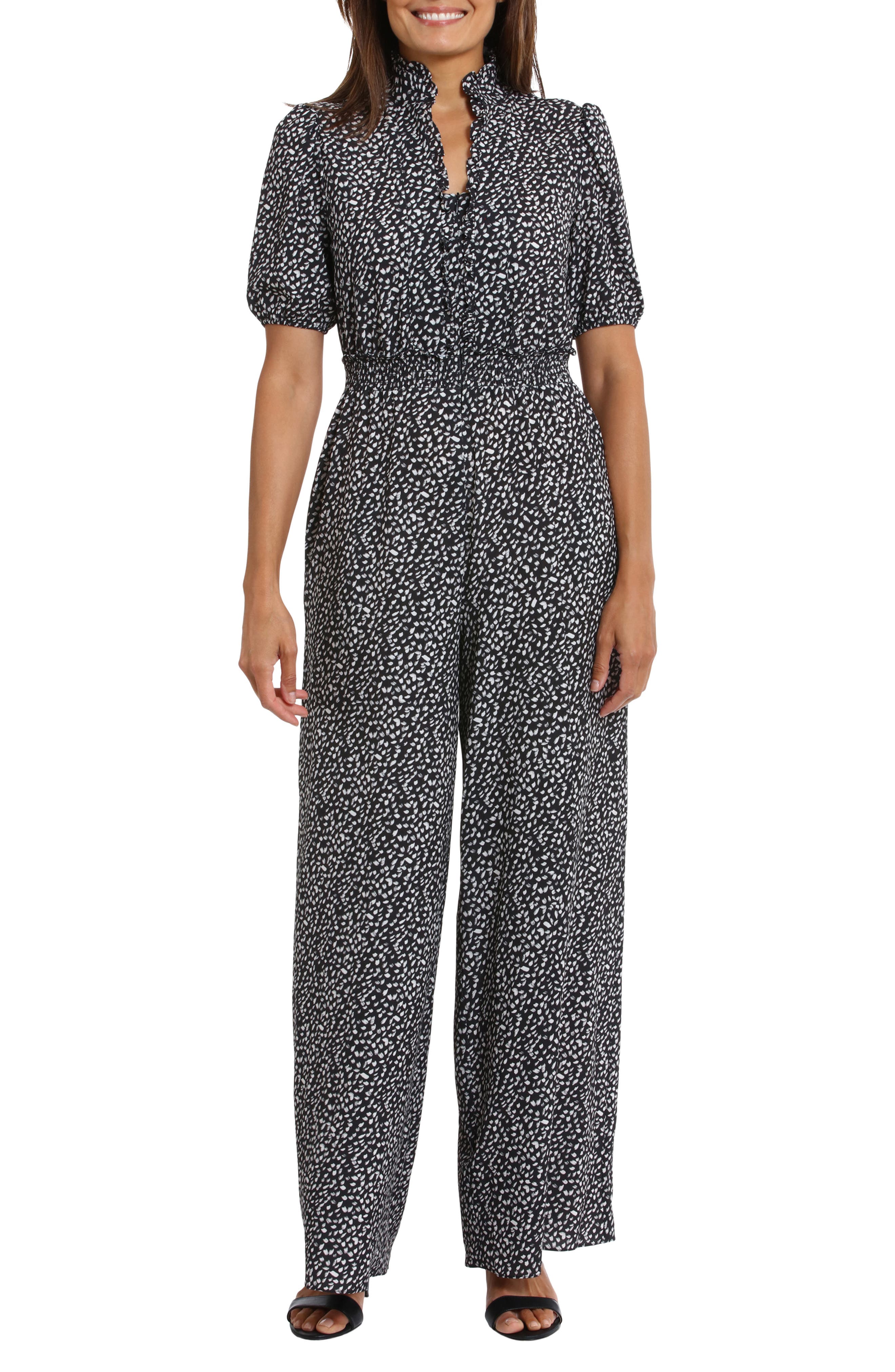 London Times Puff Sleeve Front Zip Jumpsuit
