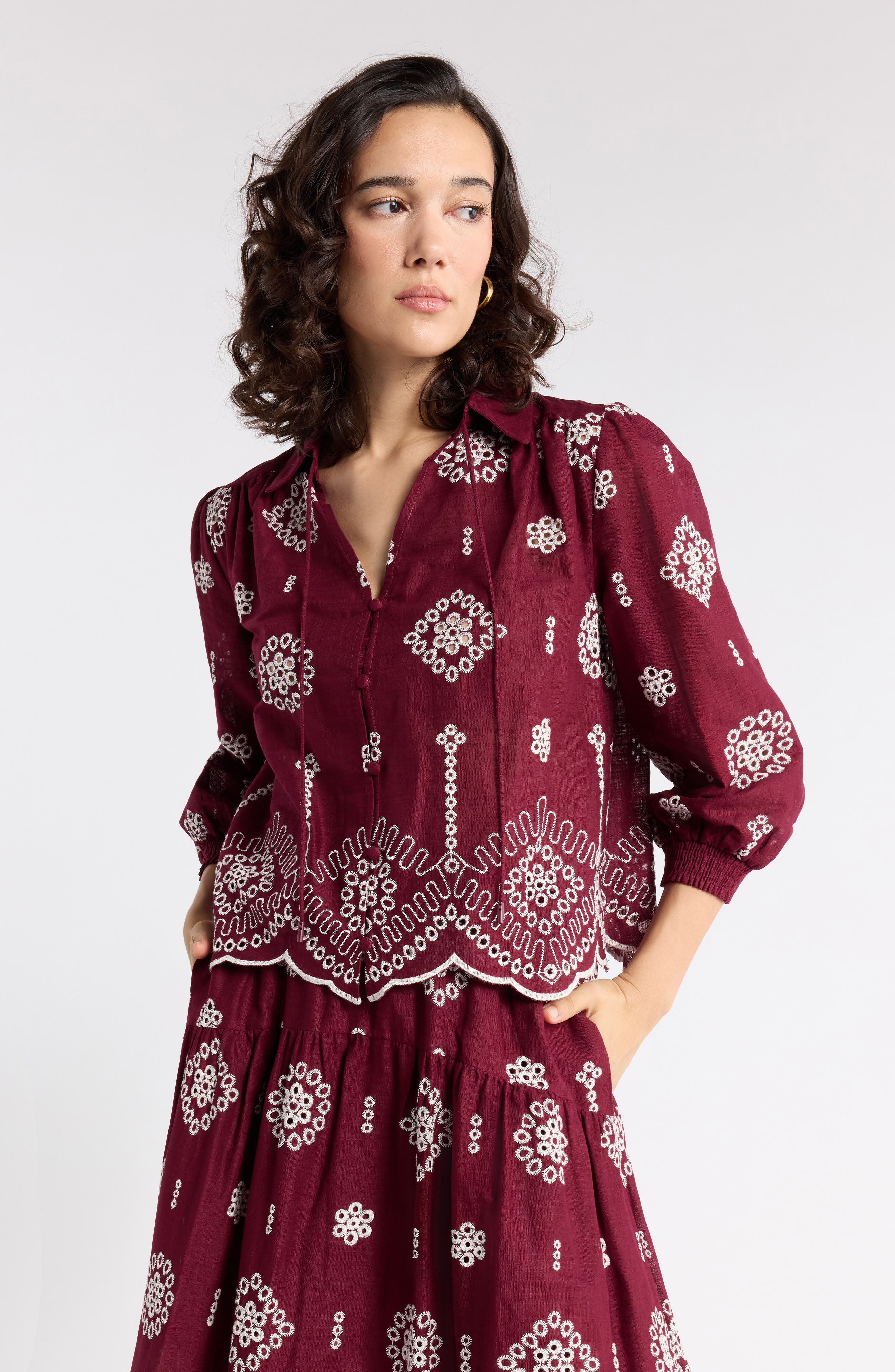 selected BURGUNDY IVORY FLORAL EYELET