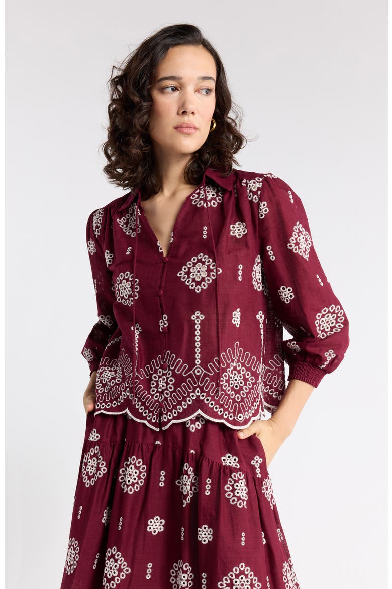Cotton Eyelet Popover Top, Main, color, BURGUNDY IVORY FLORAL EYELET