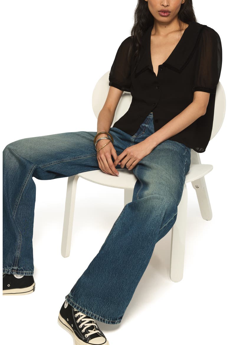 Velvet Trim Peter Pan Collar Blouse, Alternate, color, CAVIAR