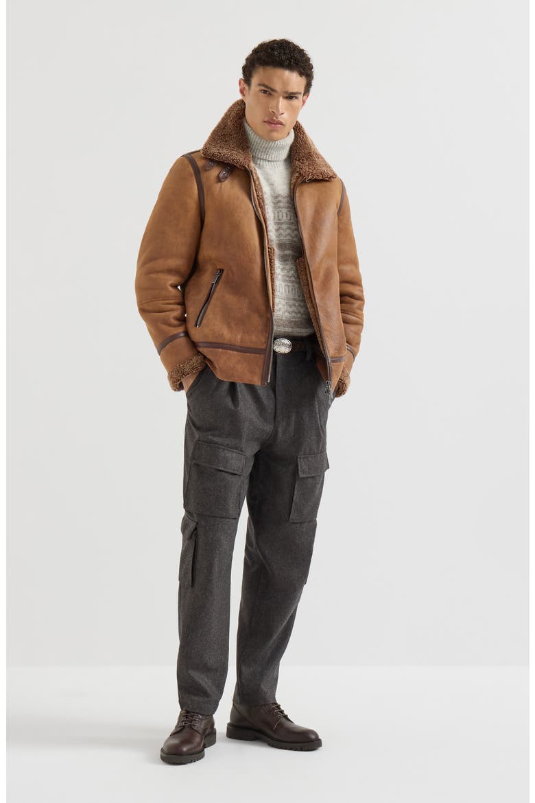 Vintage-effect shearling aviator jacket, Alternate, color, Light Brown