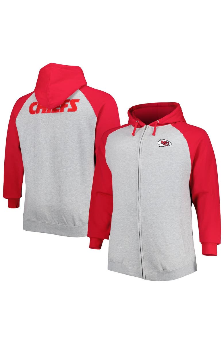 PROFILE Men's Heather Gray Kansas City Chiefs Big & Tall Fleece Raglan Full-Zip Hoodie Jacket, Alternate, color,