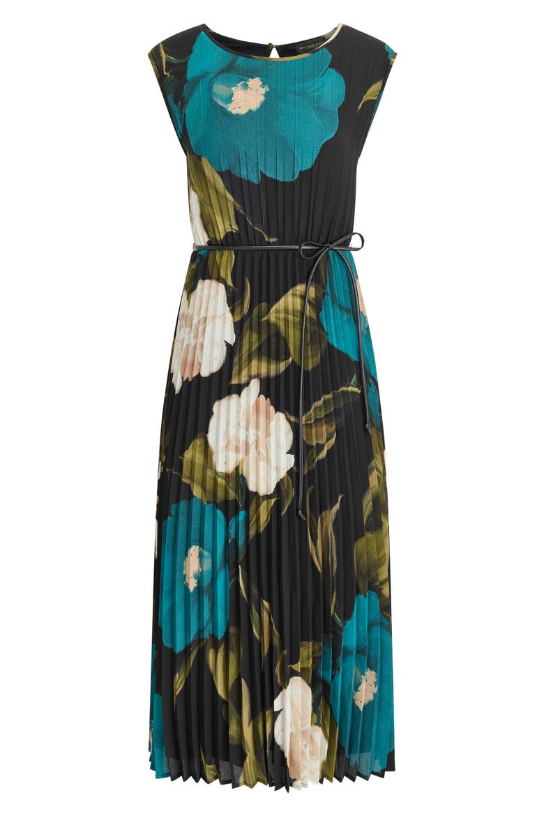 Floral Pleated Tie Belt Georgette Cocktail Dress, Alternate, color, MIDNIGHT GREEN