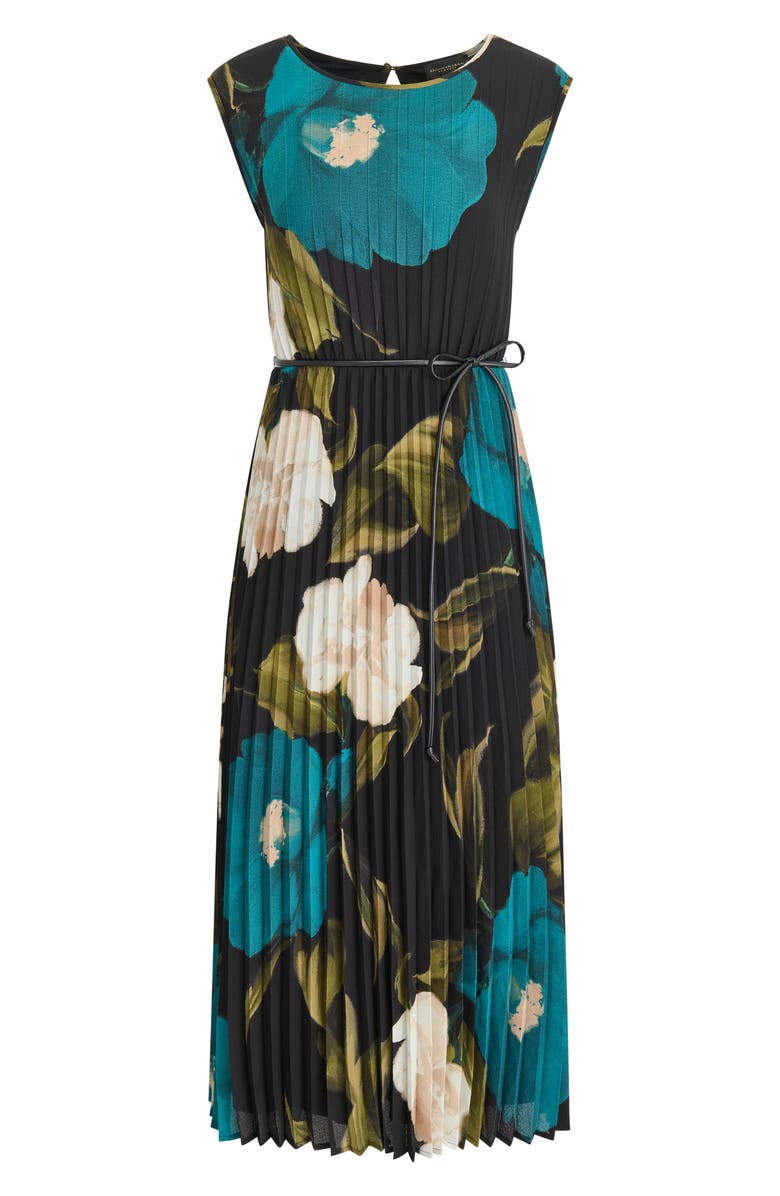 Donna Karan New York Floral Pleated Tie Belt Georgette Cocktail Dress, Alternate, color, Midnight Green