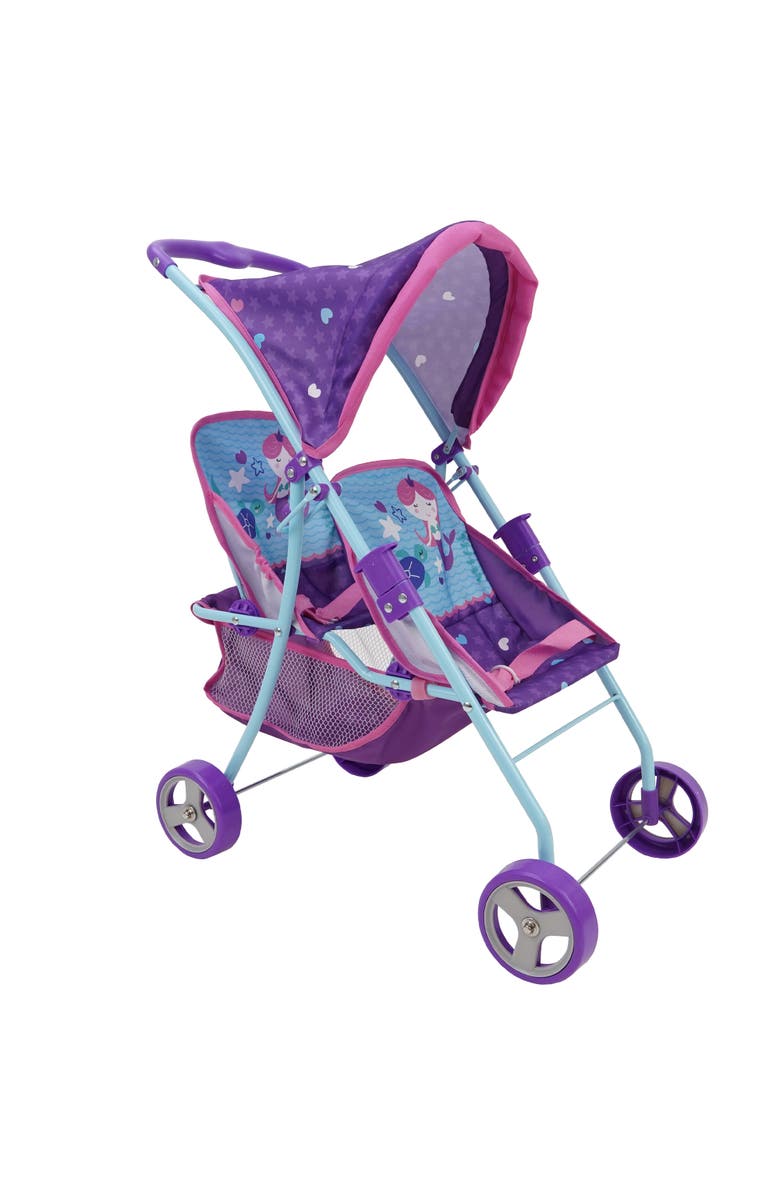 509 Mermaid Twin Doll Stroller W/ Retractable Canopy, 2 Seats, Main, color, Multicolored