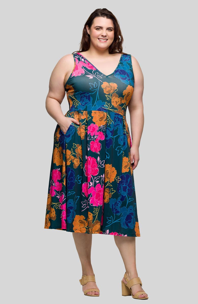 24seven Comfort Apparel Vivid Floral V-Neck Fit & Flare Dress, Alternate, color, Green Multi