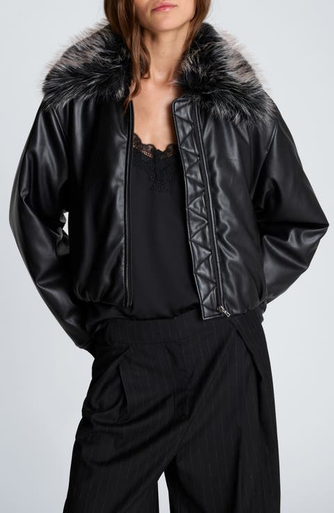 Faux Fur Collar Faux Leather Puffer Jacket