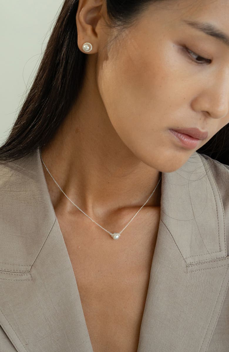 Bearfruit Jewelry Sterling Silver 18k Gold Plated Eleanor Single Cultured Pearl Necklace & Stud Earrings Set, Alternate, color, Silver