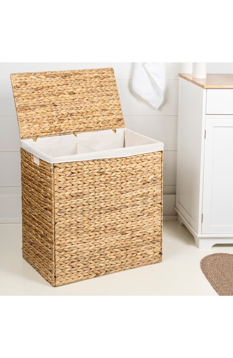 HAPPIMESS Sawyer Classic Farmhouse Hand-Woven Hyacinth 2-Section Collapsible Laundry Hamper with Washable Liner, Handles, and Lid, Main, color,