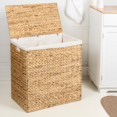Sawyer Classic Farmhouse Hand-Woven Hyacinth 2-Section Collapsible Laundry Hamper with Washable Liner, Handles, and Lid