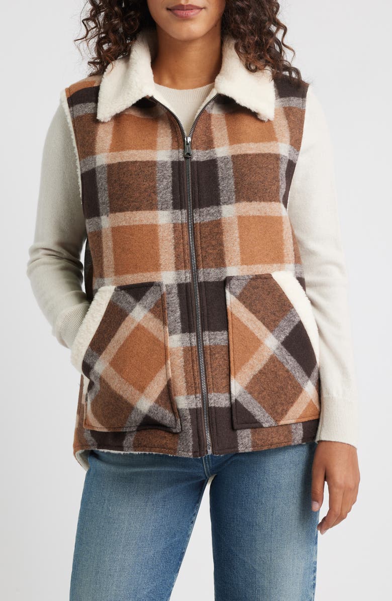 Bernardo Plaid Vest, Main, color, Brown / Beige