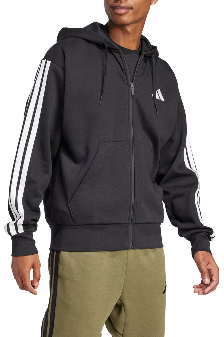 Essential 3-Stripes Fleece Hoodie, Main, color, BLACK/WHIT