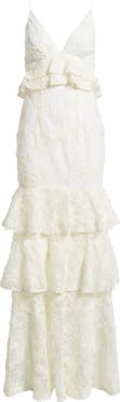 Black Halo Eris Floral Lace Tiered Gown