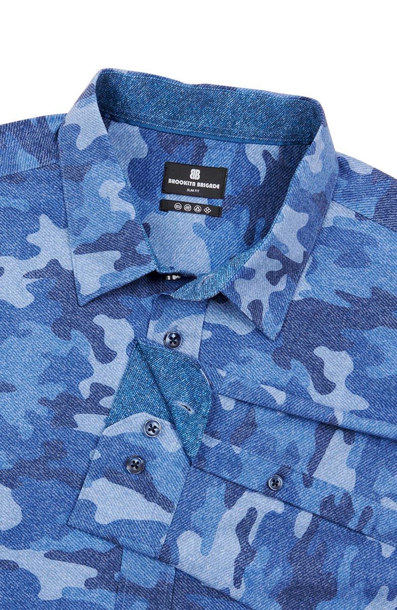 Brooklyn Brigade Slim Fit Denim Camo 4-Way Stretch Performance Long Sleeve Shirt, Alternate, color, Blue