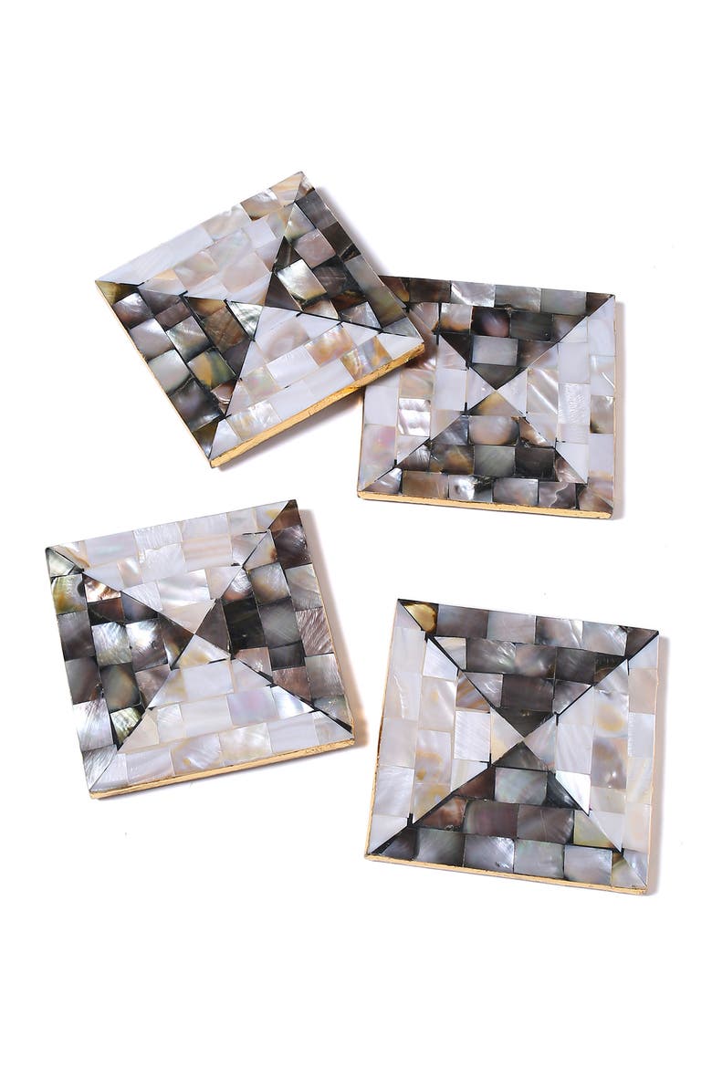 Set of 4 Mother of Pearl Resin Coasters, Main, color, GREY/ WHITE