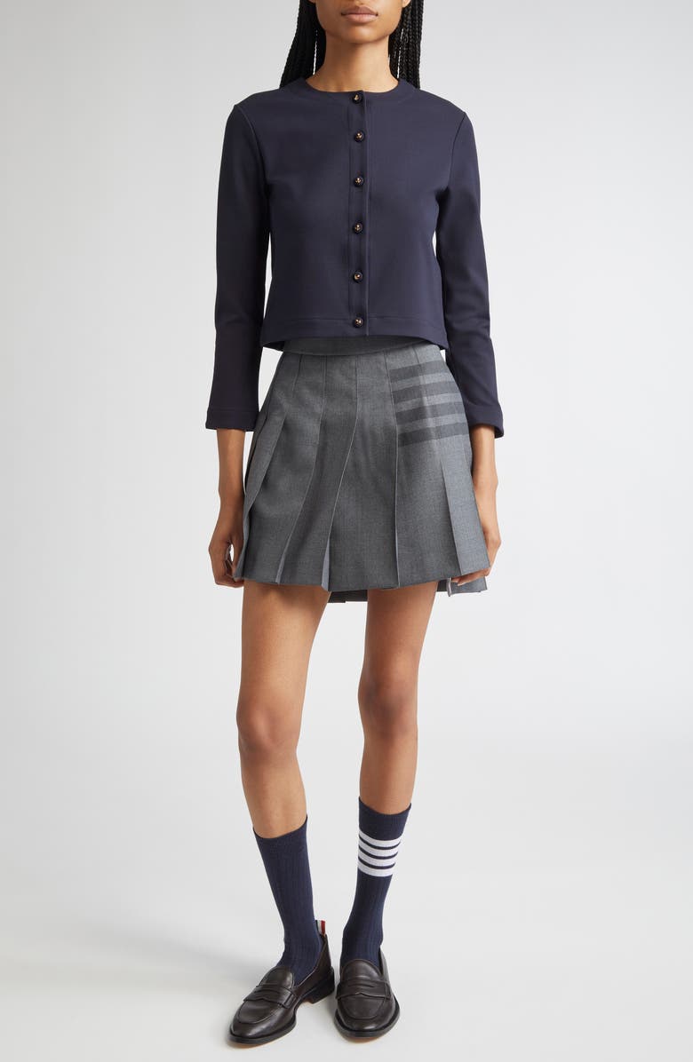 Thom Browne Crewneck Cardigan with Anchor Embossed Buttons, Alternate, color, Navy